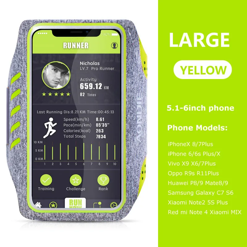 Yellow Large AONIJIE A891 нарукавник для мобильного телефона, держатель, спортивная сумка для бега, чехол, нарукавник для бега, фитнеса, тренажерного зала, тренировки - Цвет: Yellow Large