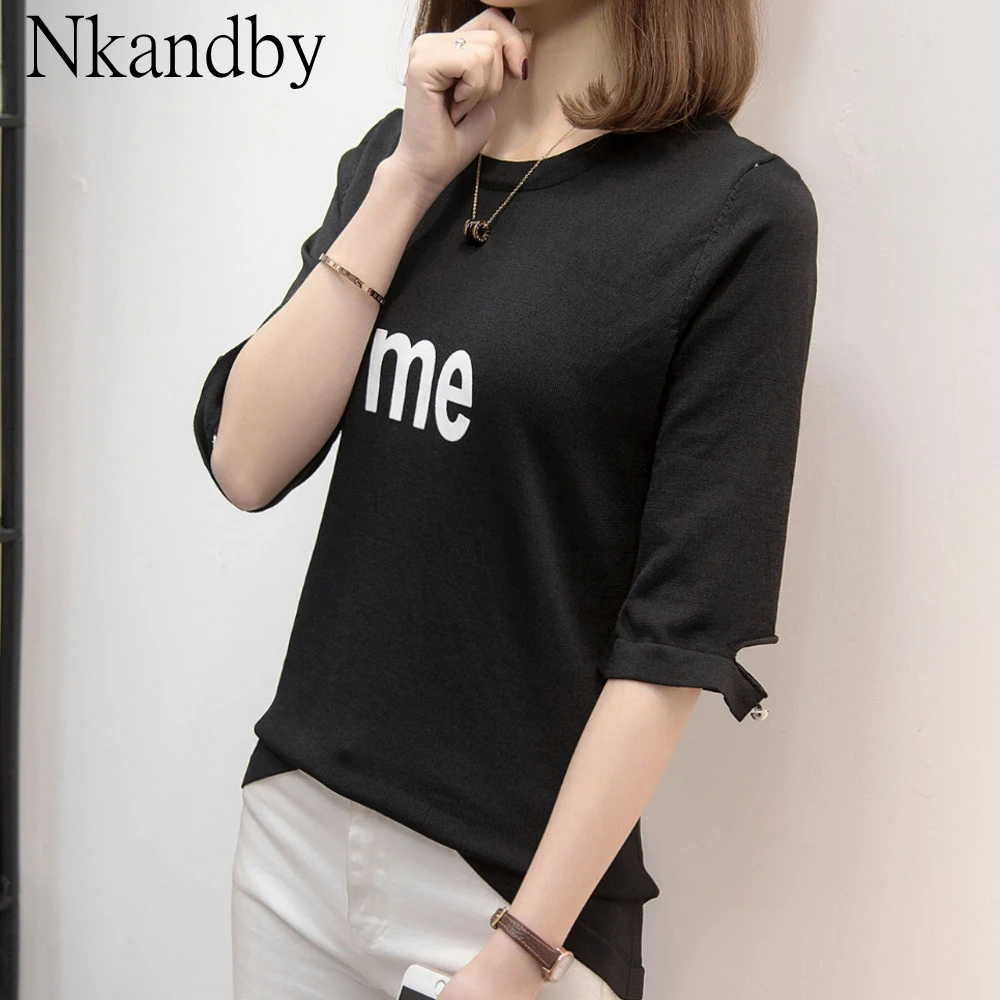 

Plus Size Knitted Tops T Shirts Women Summer Skinny Half Sleeve Hole Stretch Korean T-shirt Oversized Femme Vintage Knitwear