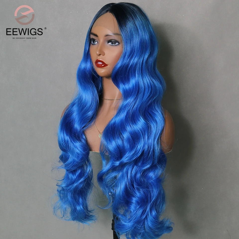 Ombre blue EEWIGS парик Голубой с эффектом омбре высокая плотность синтетический термостойкий парик Синтетические волосы на кружеве парик 13x4 бесклеевой Косплэй парики для чернокожих Для женщин - Цвет: Ombre blue
