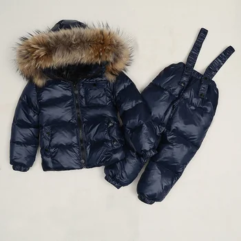 

2019 Winter Jacket Child Down Suit Children Outerwear Ski Suit Boys and Girls Down Jacket+ Pant Real Fur Hood Ski Suits Parka