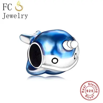 

FC Jewelry Fit Original Brand Charm Bracelet 925 Silver Authentic Blue Enamel Narwhal Bead For Making Dangle Berloque 2020 NEW