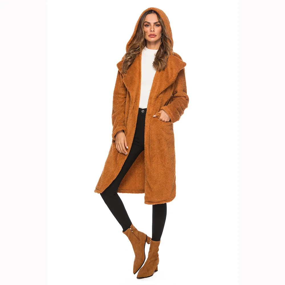 Элегантное длинное женское пальто с отворотом, 2 кармана, свободные однотонные куртки, пальто, женская верхняя одежда, с капюшоном, шерсть и смеси, зима