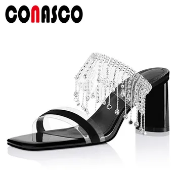 

CONASCO Women Sandals Genuine Leather Fashion Elegant Rhinestone Fringe High Heels Slippers Wedding Party Casual Shoes Woman New