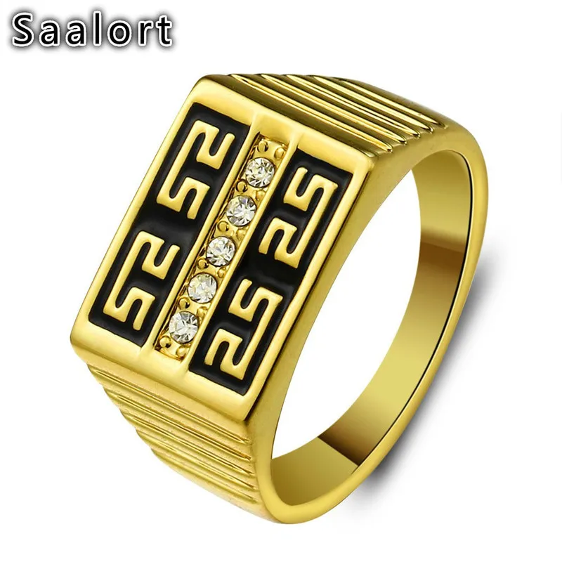 

Vintage Golden Great Wall Pattern with Zircon Inlaid Ring Exquisite Engagement Wedding Finger Jewelry for Men