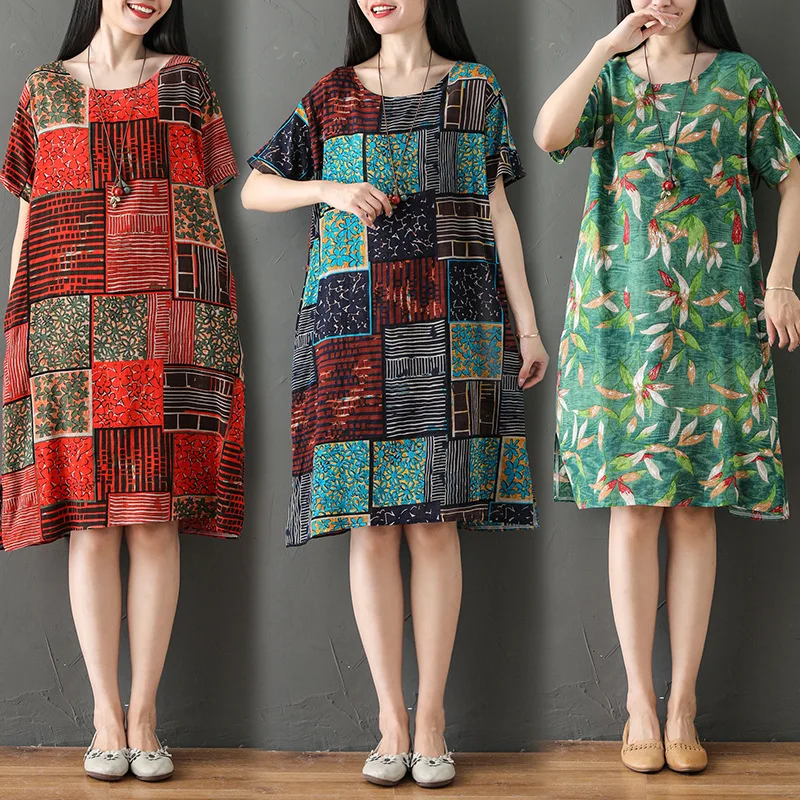 

Summer Vintage Boho Dress 2019 Short Sleeve Striped Plaid Printed Cotton Linen Dresses Women Party Night Casual Elegant Vestidos