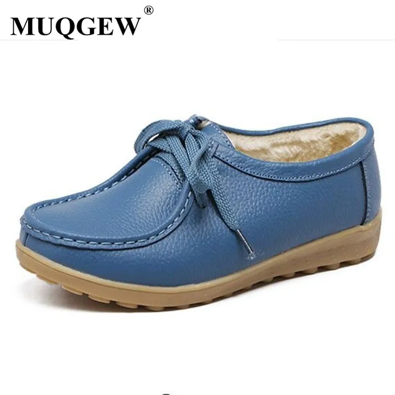 Winter Genuine Leather Thick Plush Warm Women Shoes Lace-Up Platform Moccasin Comfortable White Soft sole Non-slip Nurse | Обувь