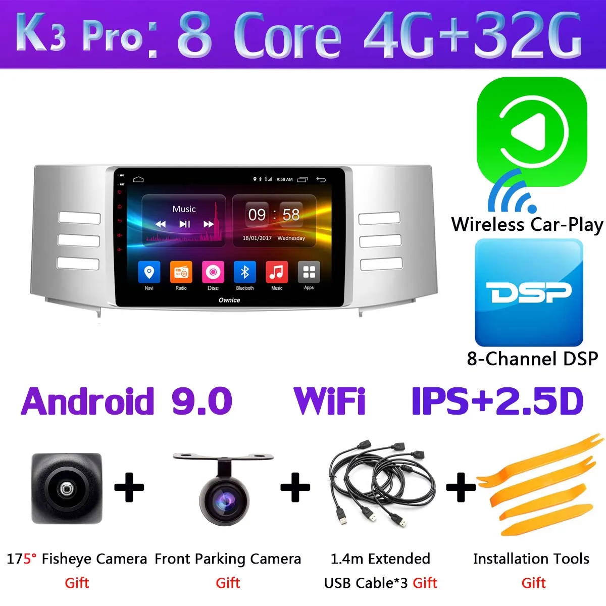 Панорамная камера 360 ° 4G SIM WiFi Android 9,0 4 Гб+ 64 Гб SPDIF DSP CarPlay Автомобильный плеер для Toyota eiz Mark X 2005-2009 gps радио - Цвет: K3 Pro CarPlay