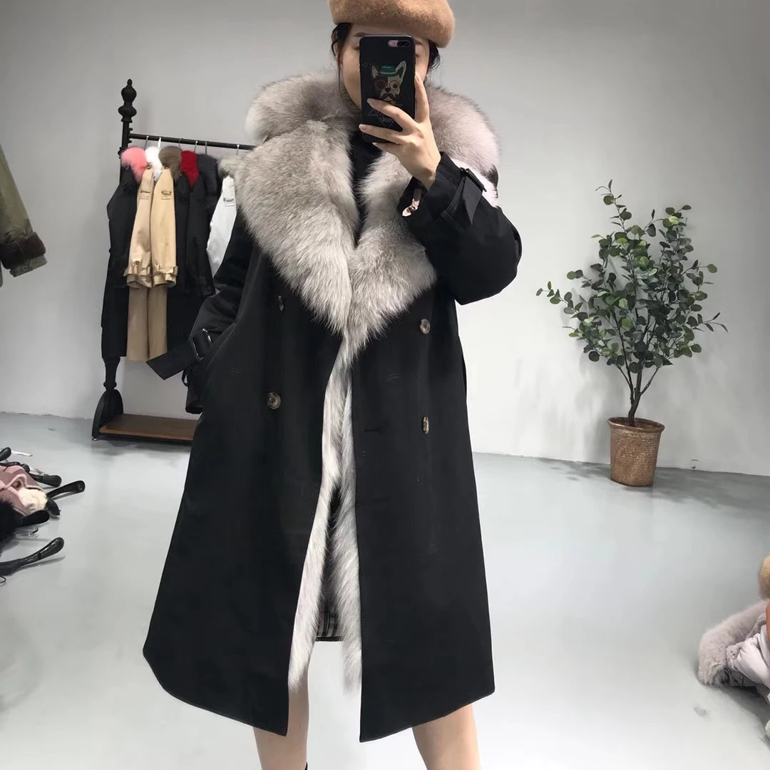 grey collar Зимнее пальто Женская длинная парка из натурального меха с воротником из лисьего меха размера плюс двубортная одежда в английском стиле - Цвет: grey collar