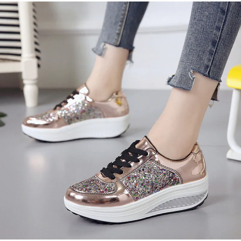 Women's Bling Lace Up Flat Platform Vulcanize Shoes Woman Mix Color Sneakers Female Causal Mirror Rocking Shoes Ladies Fashion