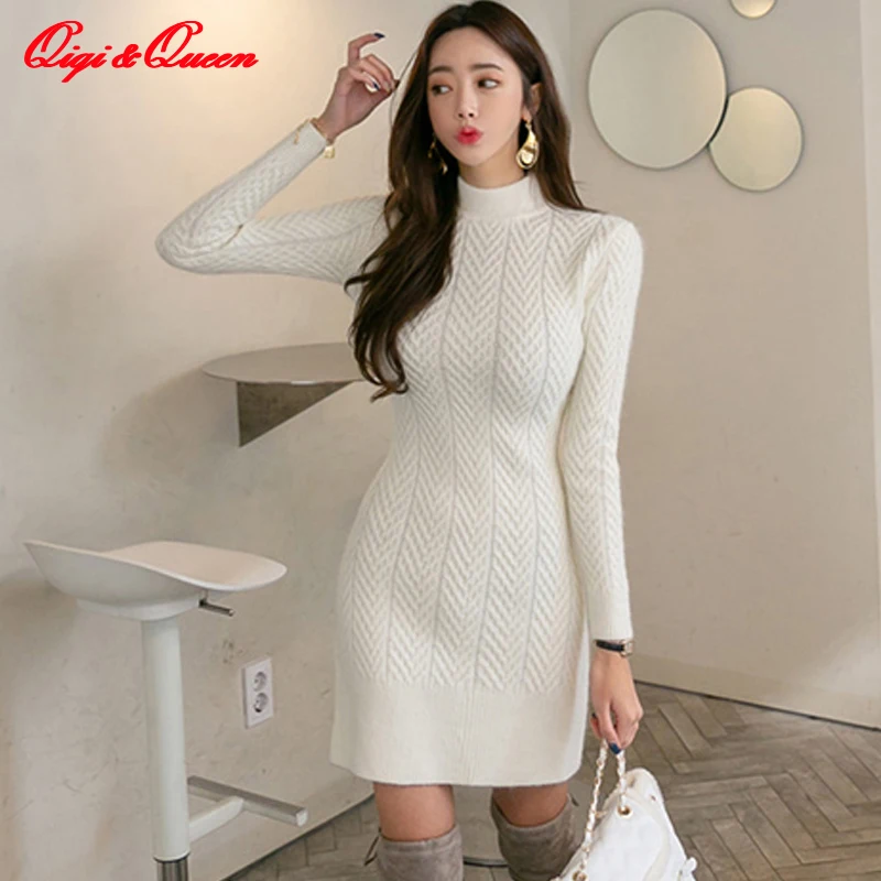 

Qiqi&queen Solid Color Turtleneck Knitted Sweater Dress Women 2019 Winter Sheath Dresses OL Pencil Bottoming Bodycon Vestidos
