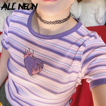 

ALLNeon Sweet Fire Heart Embroidery Ribber Crop Tops E-girl Striped O-neck Short Sleeve Summer T-shirts Vintage Y2K Purple Tees