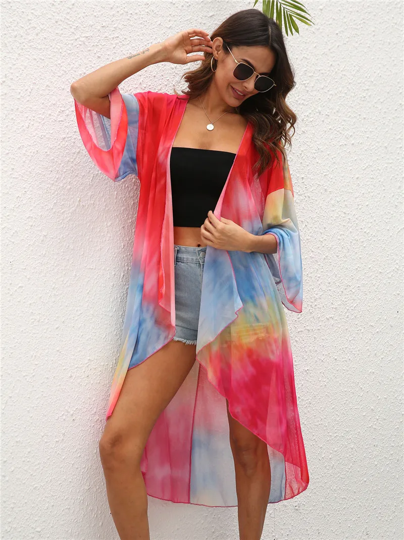 mesh bikini cover up 2021 Summer New Hot Sale Women's Multicolor Stitching Swimming Smock Women's Beach Bohemian Cardigan Swimsuit Beach Bikini Smock bathing suit with matching cover up