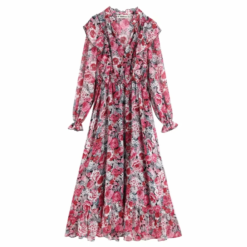 Женское шифоновое платье с цветочным принтом и Каскадными рюшами, осень, свободные платья с v-образным вырезом и длинным рукавом D3709 - Цвет: as pic