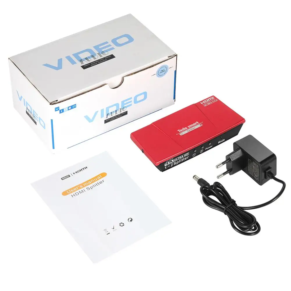 Tesla Smart 1 компьютер 2 монитора HDMI сплиттер HDMI раветвитель 1x2 с Мощность адаптер HDMI HDTV DVD PS3 Xbox Поддержка HDMI 4K@60Hz красный - Цвет: HSP0102A1U-RED