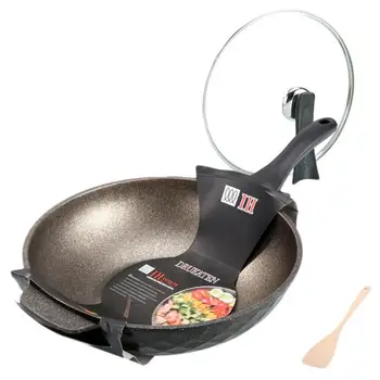 

1Set 32cm Maifan Stone Non-stick Frying Wok Aluminum Wok Pan Cooking Fired Dish Wok No Fume with Lid and Wooden Spatula (Golden)