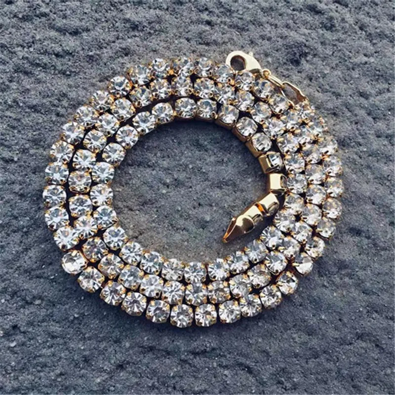 5 мм 60 см Bling Iced Out сплав Стразы теннисная цепь Шарм Длинная цепочка на шею для мужчин рэппер ювелирные изделия - Окраска металла: Gold