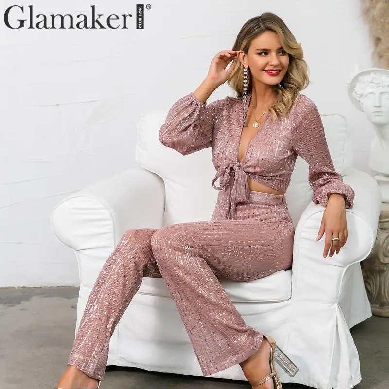 Glamaker сексуальный комбинезон с люрексом широкими штанинами и длинным рукавом