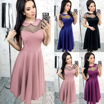 

Women Peter Pan Neck Mesh Splicing Dot Print A Line Skater Midi Dress Cocktail