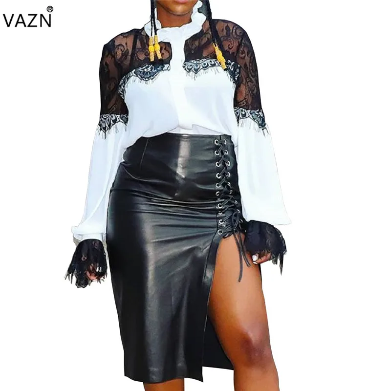 VAZN Autumn Hot Sale Sexy Elegant Fashion Famous Brand Women Skirts Solid Leather Hollow Out Sheath Lady Novelty Skirts MER161