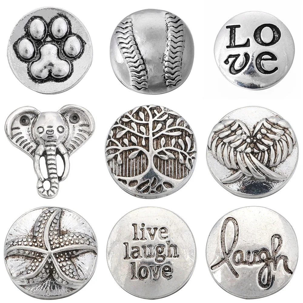 

10pcs/lot New 12MM Snap Jewelry Tree Love Wing Mini Metal 12mm Snap Buttons Fit Snap Bracelet Earrings