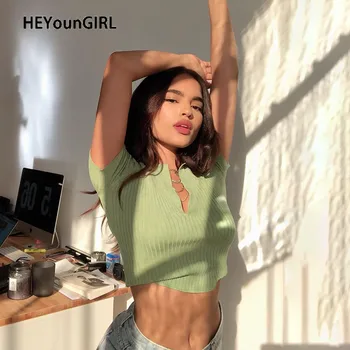 

HEYounGIRL Casual Knitted Crop T Shirt Women Short Sleeve Woman Tshirt Tops Tees Korean Fashion Turn-down Collar T-shirt Ladies