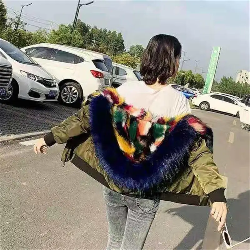 Пушистое Женское пальто с капюшоном из искусственного меха, короткая Модная парка из искусственного меха лисы, пальто размера плюс, толстая и теплая Осенняя зимняя куртка