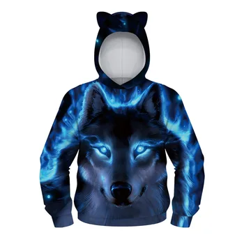 

Kids Boy Girls Wolf Print Hoodies With Ear INS Digital Printing Sweatshirts For Children Casual Hooded Autumn Winter Outwear