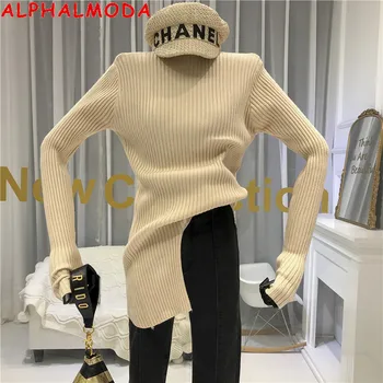 

ALPHALMODA 2019 Turtle Neck Long-sleeved Irregular Slim Sweater Solid Color Sense Pullover Trendy Women Knitting Jumper