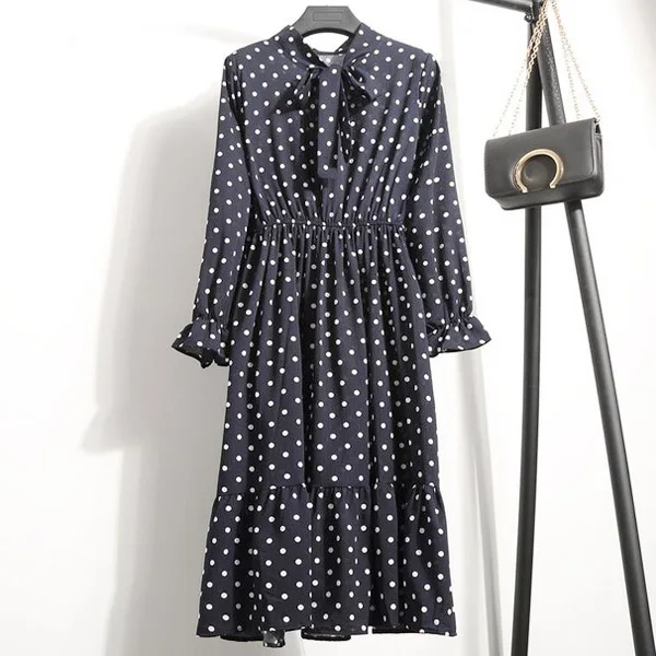 TS8010 A-4 Корейская черная рубашка Vestidos для офиса в горошек, винтажные осенние платья, Женское зимнее платье, миди платье с цветочным рисунком и длинным рукавом для женщин - Цвет: TS8010 A-4