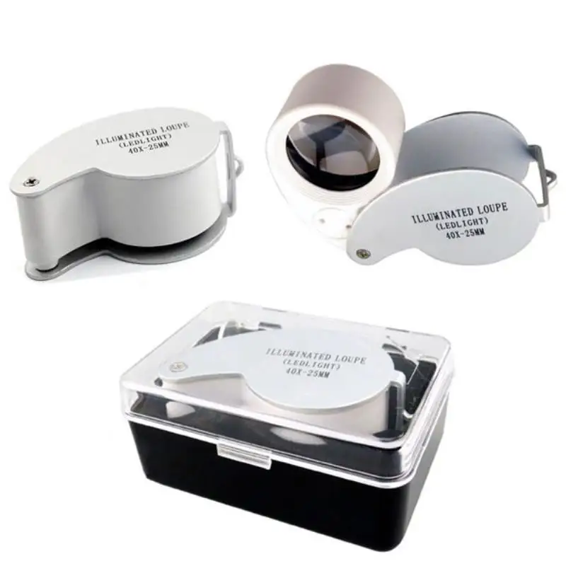 

Magnifier Illuminated LED Light Jeweler Loupe Folding Magnifier 40x25mm Glass Lens Loupe Pocket Microscope with Protective Case