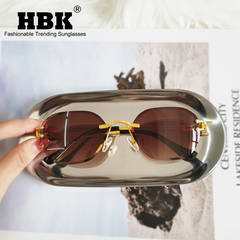 

HBK Vintage Retro Alloy Rimless Sunglasses Women Metal Round Sun Glasses Men Oval Gradient Frameless Luxury Design Gafas De Sol