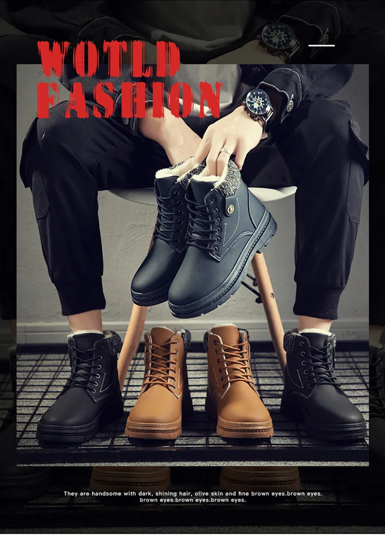 Men Snow Boots Winter Warm Plush Shoes PU Leather Waterproof Male Ankle Boots Hot Sale High Quality High Top Mans Footwear