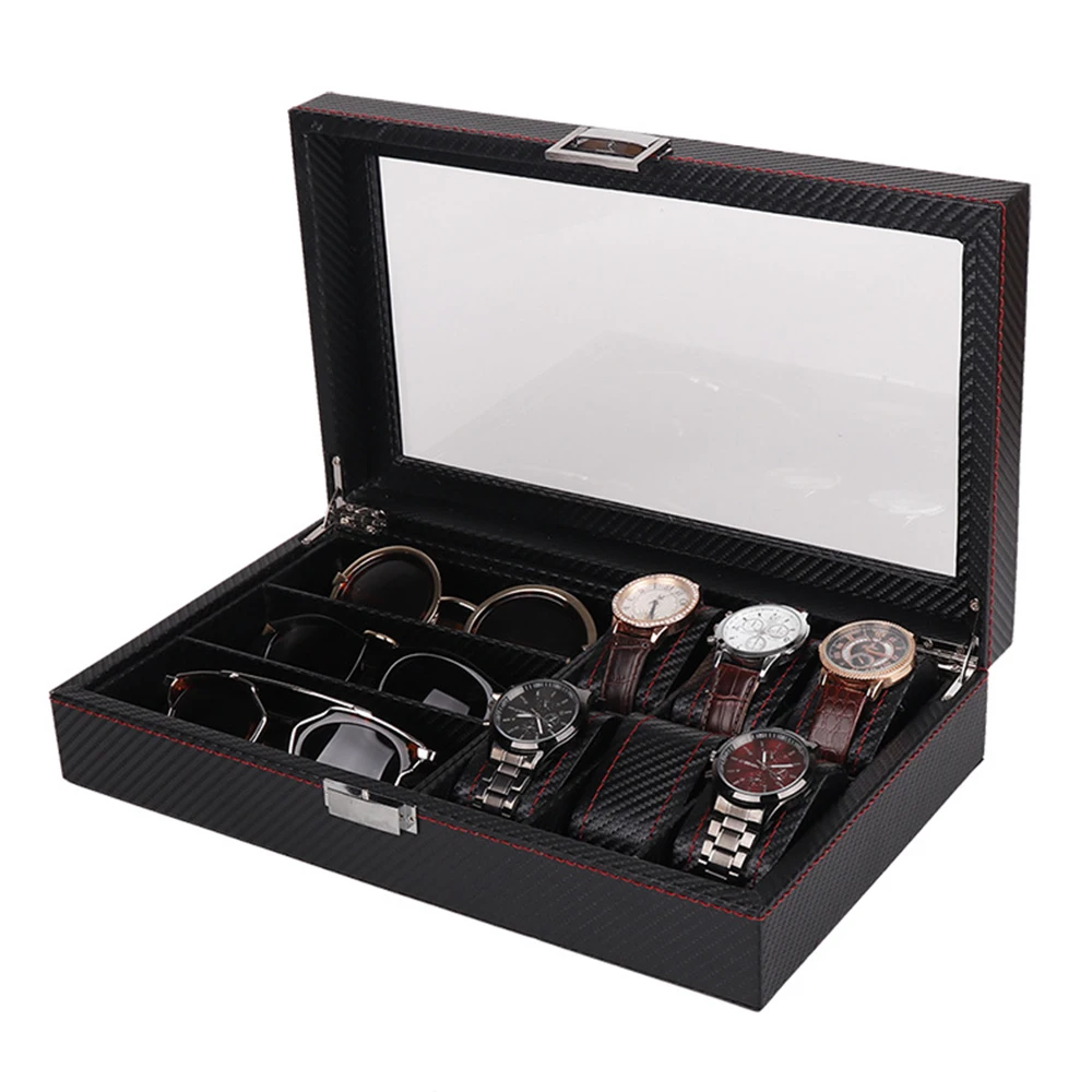 Carbon Fiber Outer Skin 6-grid Watch 3-grid Glasses Combination Storage Box Wooden Jewelry Watch Boxes Storage Organizer Box 