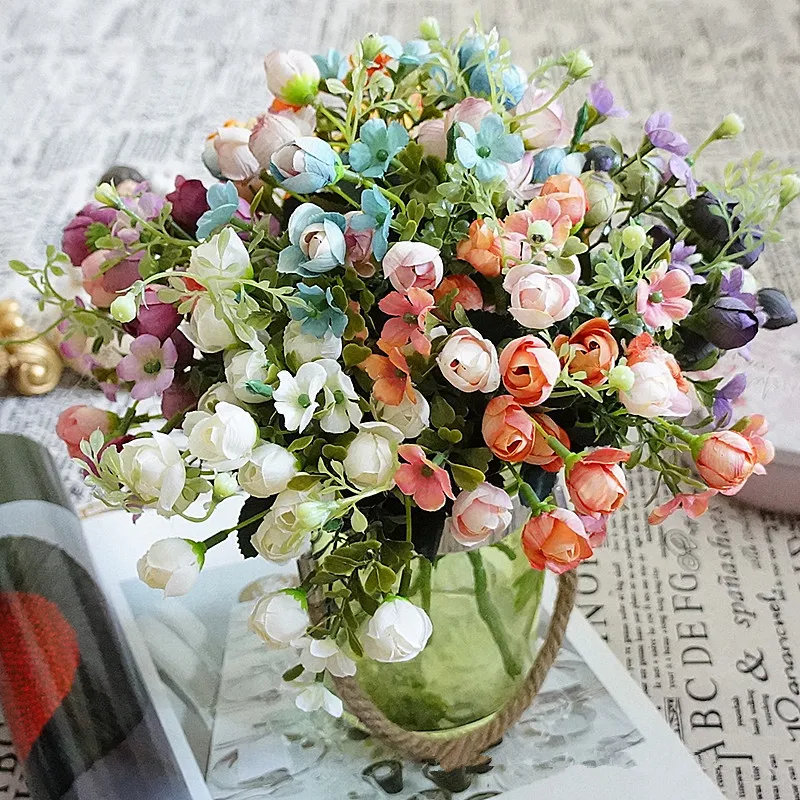 

Artificial Silk Tea Rose Bud Flower Bouquet Home Hotel Table Decoration Fake Flower Wedding Bride Holding Floral Bouquet HZ