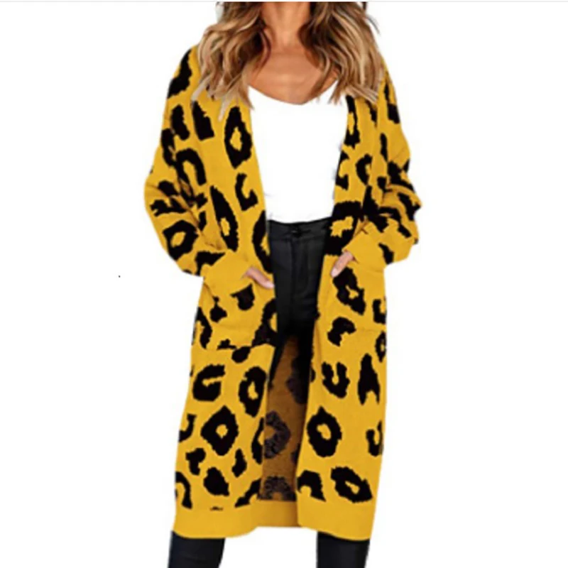 Новинка, модные женские свитера, кардиган с леопардовым принтом, Повседневные вязаные свитера с длинным рукавом, женский свободный кардиган с карманами - Цвет: Цвет: желтый