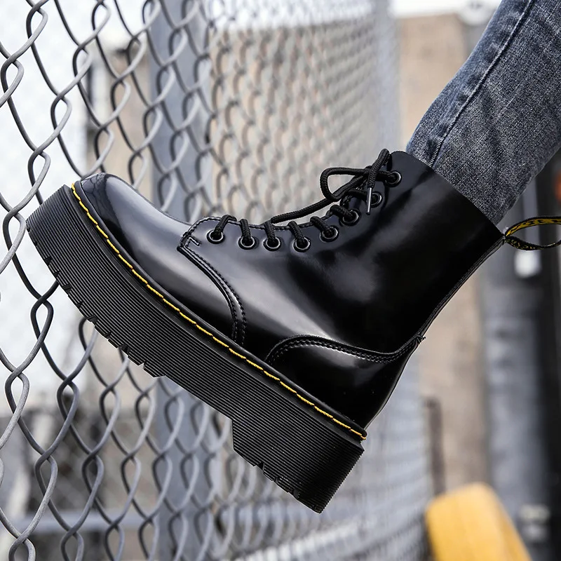 

Spring And Autumn Thick Bottomed Martin Boots Women's Hight-top Side Zipper England Retro Motorcycle Boots Students Lace up Fron