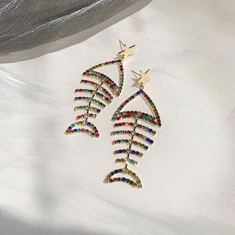 The new fish bone female earrings exaggerated big earrings color crystal temperament super fairy personality earrings