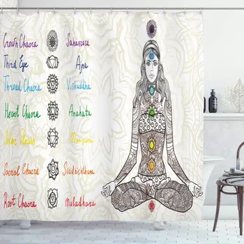 

Chakra Shower Curtain, Sketch Image of Yoga Posed Girl in Peace with Spots Design Relaxation, Cloth Fabric Bathroom Decor Set