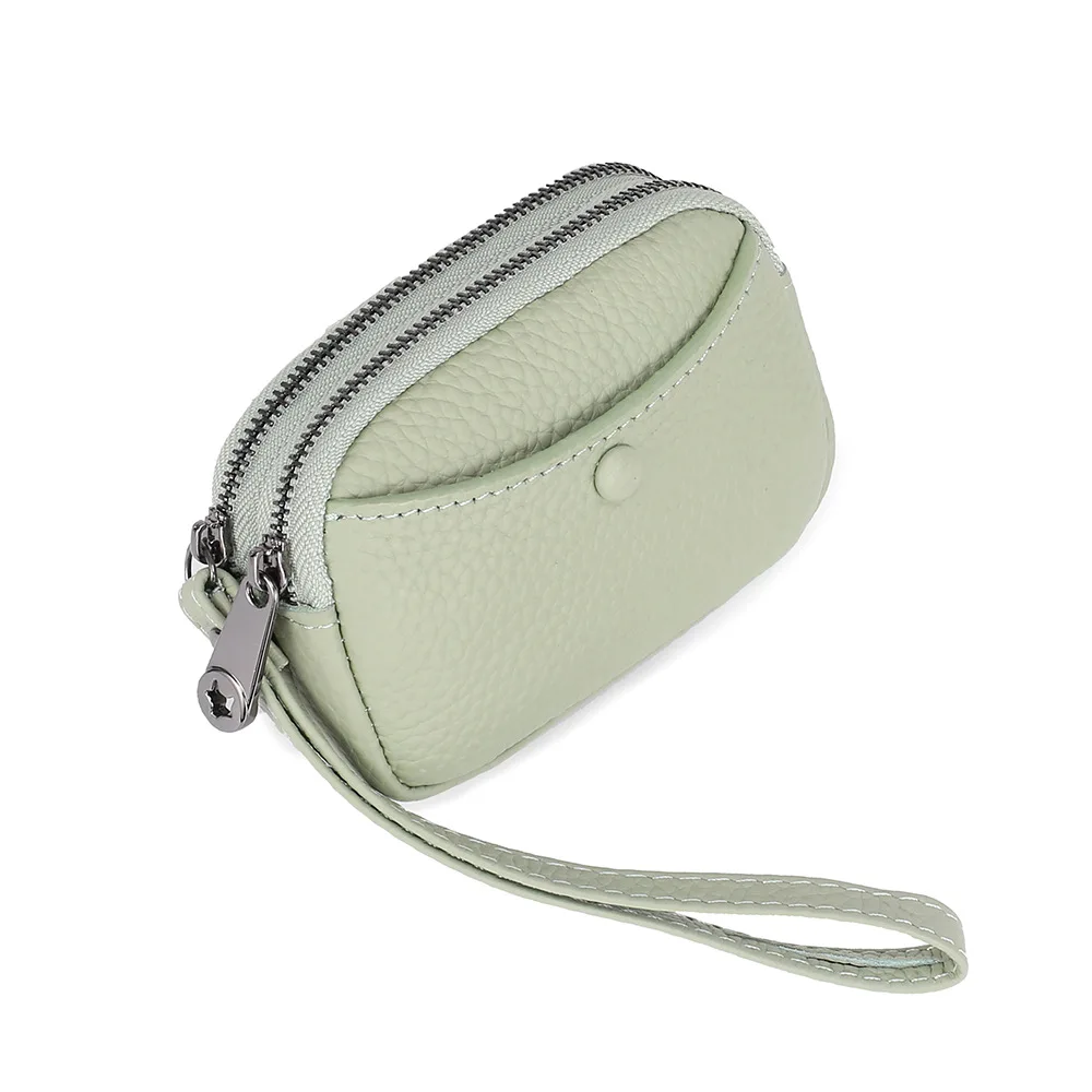 Genuine Leather Coin Purse Women Small Coin Wallet Fashion Wrist Strap Double Zipper Change Purse Portable Pouch Ladies Clutch - Цвет: Pea Green