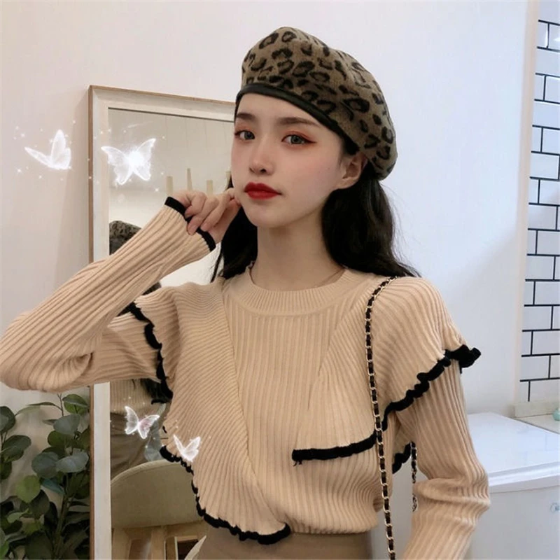 cardigan Korean Style Flounced Stitching Pullover Sweaters 2022 Spring OL Basic Bottoming Knit Sweater Slim Warm Thick Knitted Tops white sweater