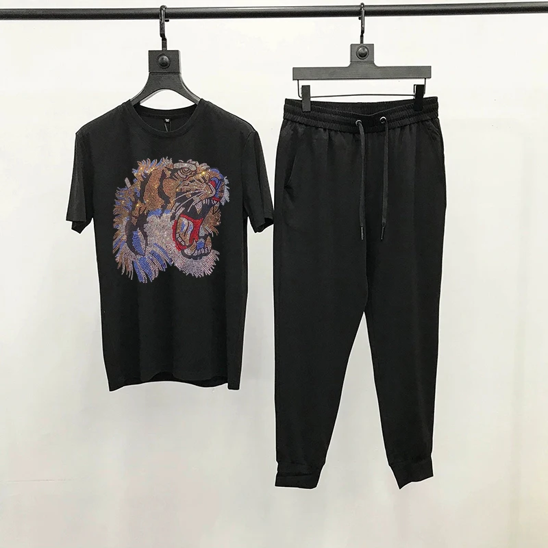 Sweatshirt+Pants 2pcs/Oversized Tracksuit Youth Hot Diamond Craft Animal Head Men's Sets Casual Hip-Hop T-Shirt