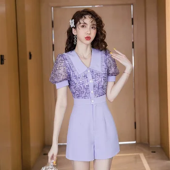 

Sequin Purple Jumpsuit Women Turn-down Puff Short Sleeve Button Short Jumpsuit Fashion OL Work Romper Bodysuit Women combinaison
