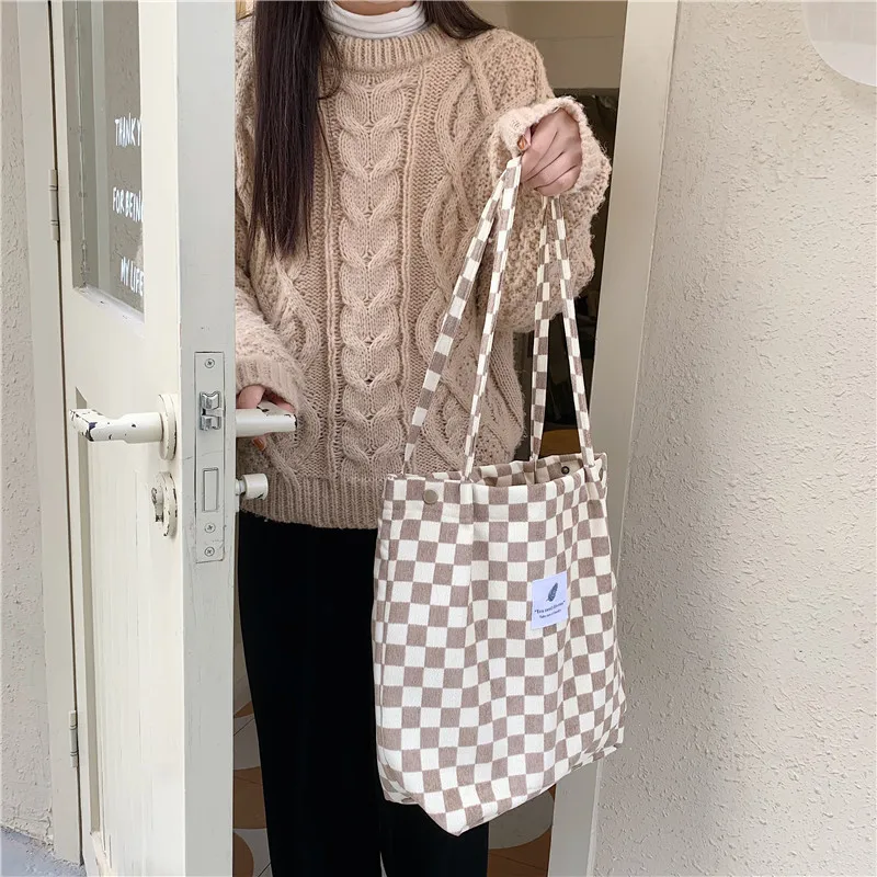 Chess Print Women Corduroy Canvas Tote Handbag Books Shoulder Bags Ladies Cloth Shopping Bag Vintage Plaid Design Cotton Purse