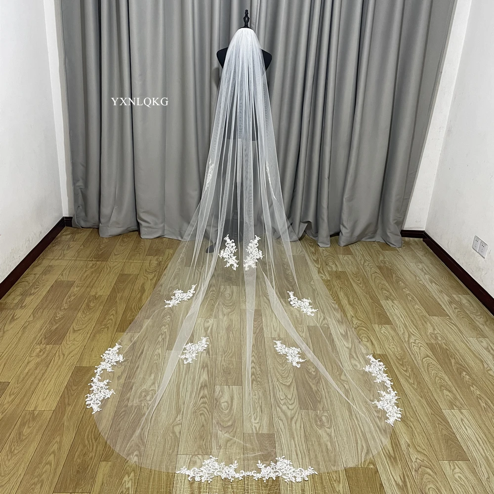 Real Photos Elegant Long Wedding Veil with Lace Appliques Ivory Soft Tulle 3 Meters Bridal Veil with Comb Wedding  Accessories