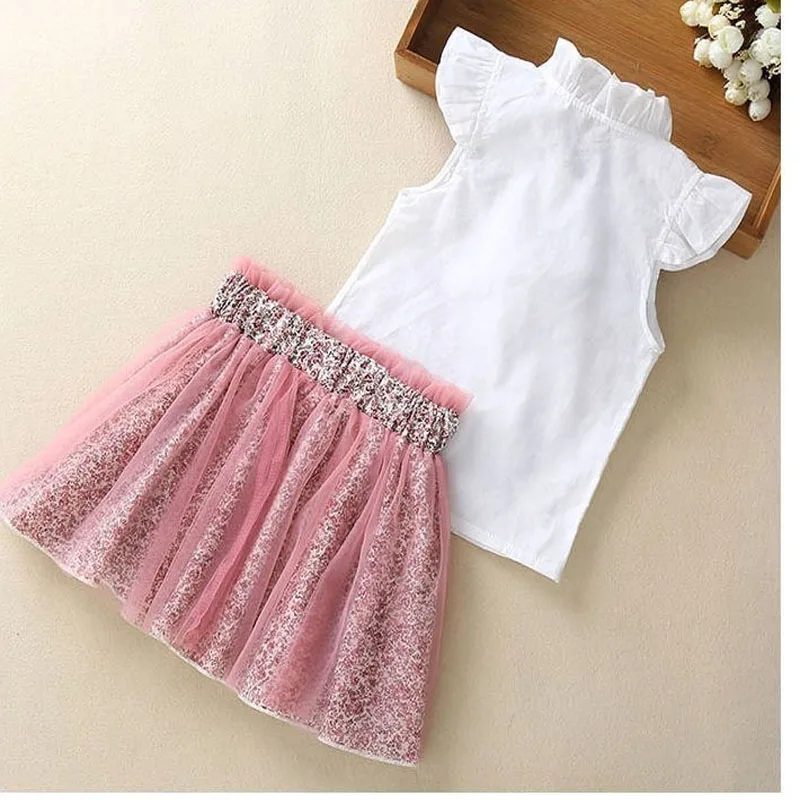 MERI AMMI 2 PCS Children Girl Clothing Outfit Set Sleeveless Floral Tee +Flower Skirts For 2-13 Year Kids