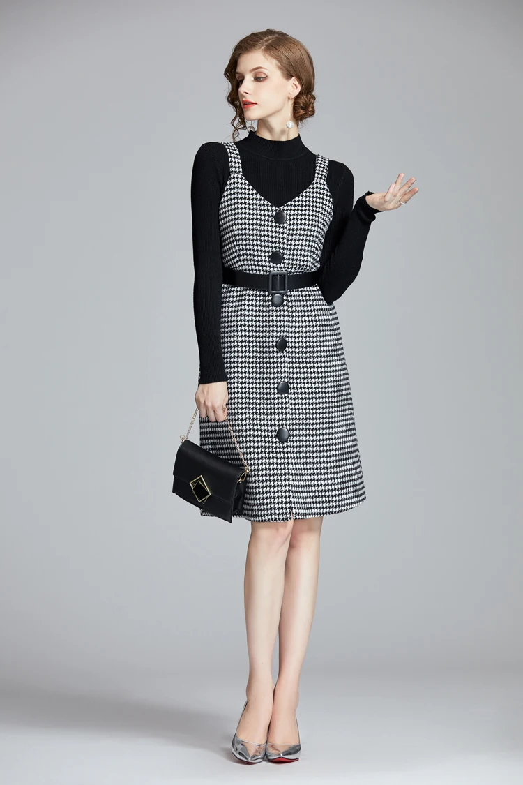 H Han queen Vestidos, 2 предмета, вязаный пуловер и клетчатое однобортное платье, женское элегантное офисное повседневное женское вечернее платье