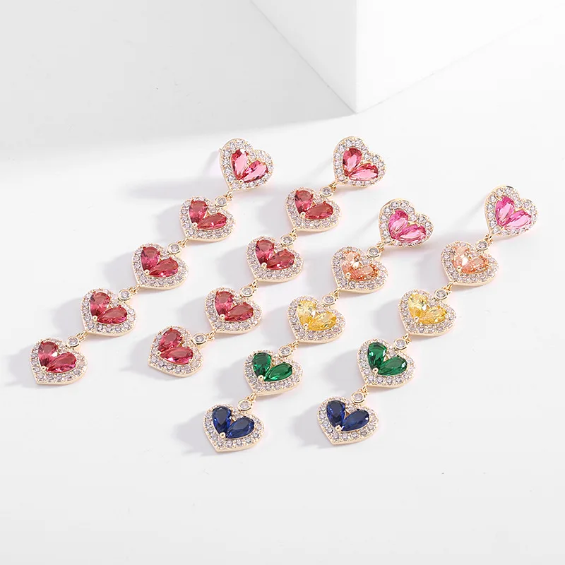 Long Temperament Heart Pendant Earrings for Women Colorful Cubic Zirconia Luxury Wedding Party Dangle Earings Design Jewelry