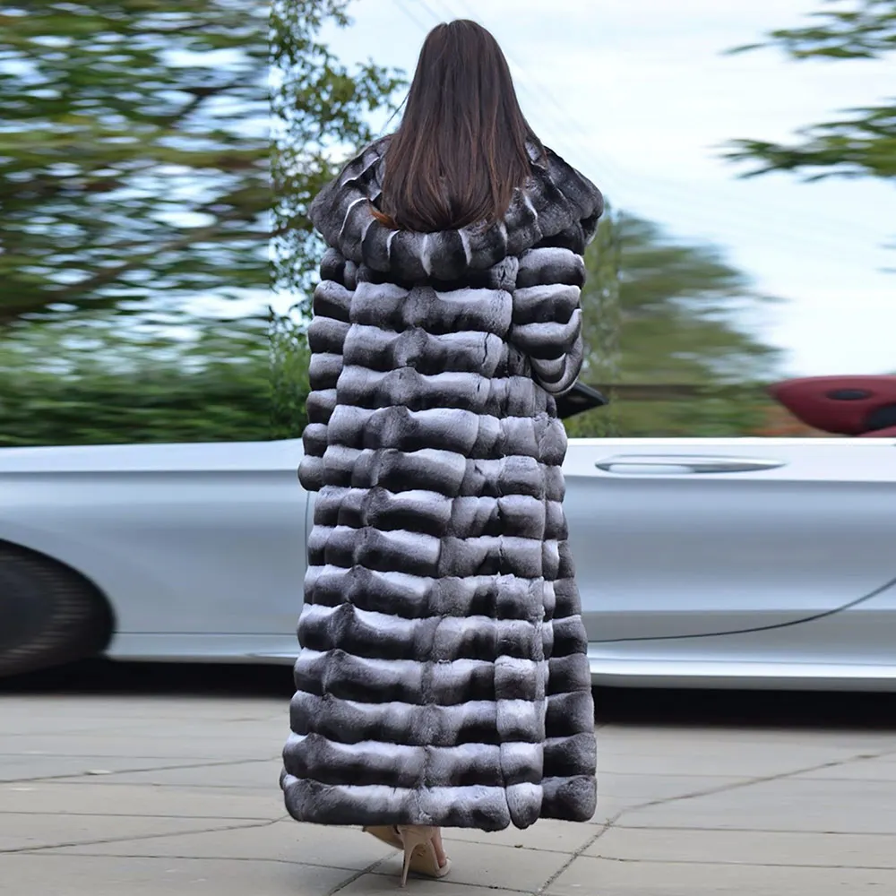 Luxury Real Fur Coats For Women 130cm Long Real Chinchilla Color Rex Rabbit Fur Coat With Hood Warm Overcoats Fur Natural Woman