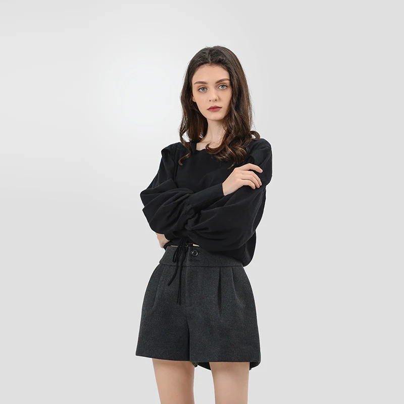 CMAZ осенний однотонный винтажный вязаный свитер для женщин, Модный повседневный квадратный воротник, короткие топы с рукавами-фонариками MX18C5196 - Цвет: black