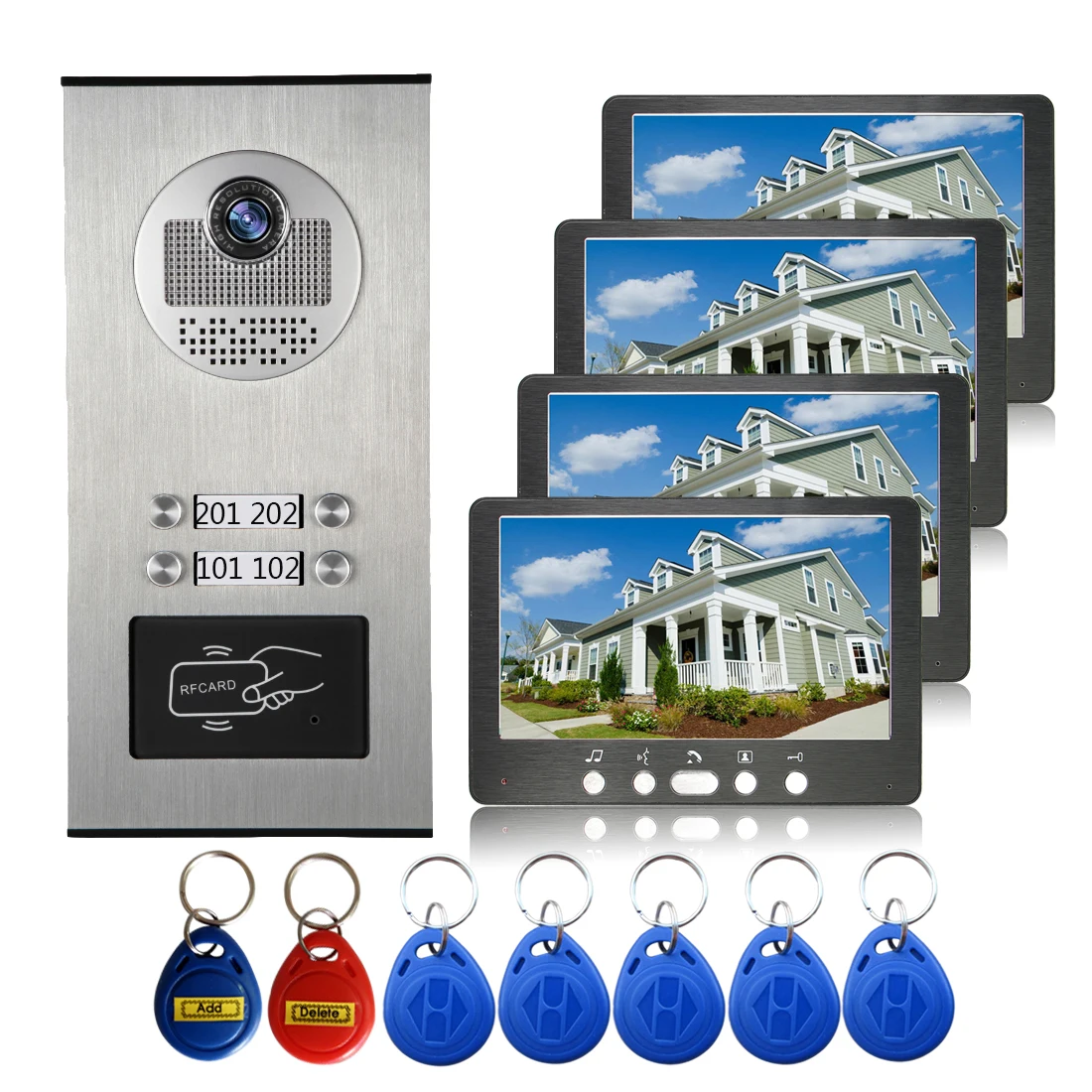 

RFID Access Unlock Door Intercom 7 inch Monitor Video Door Phone Doorbell Intercom Waterproof IR Camera System For 6 Apartment